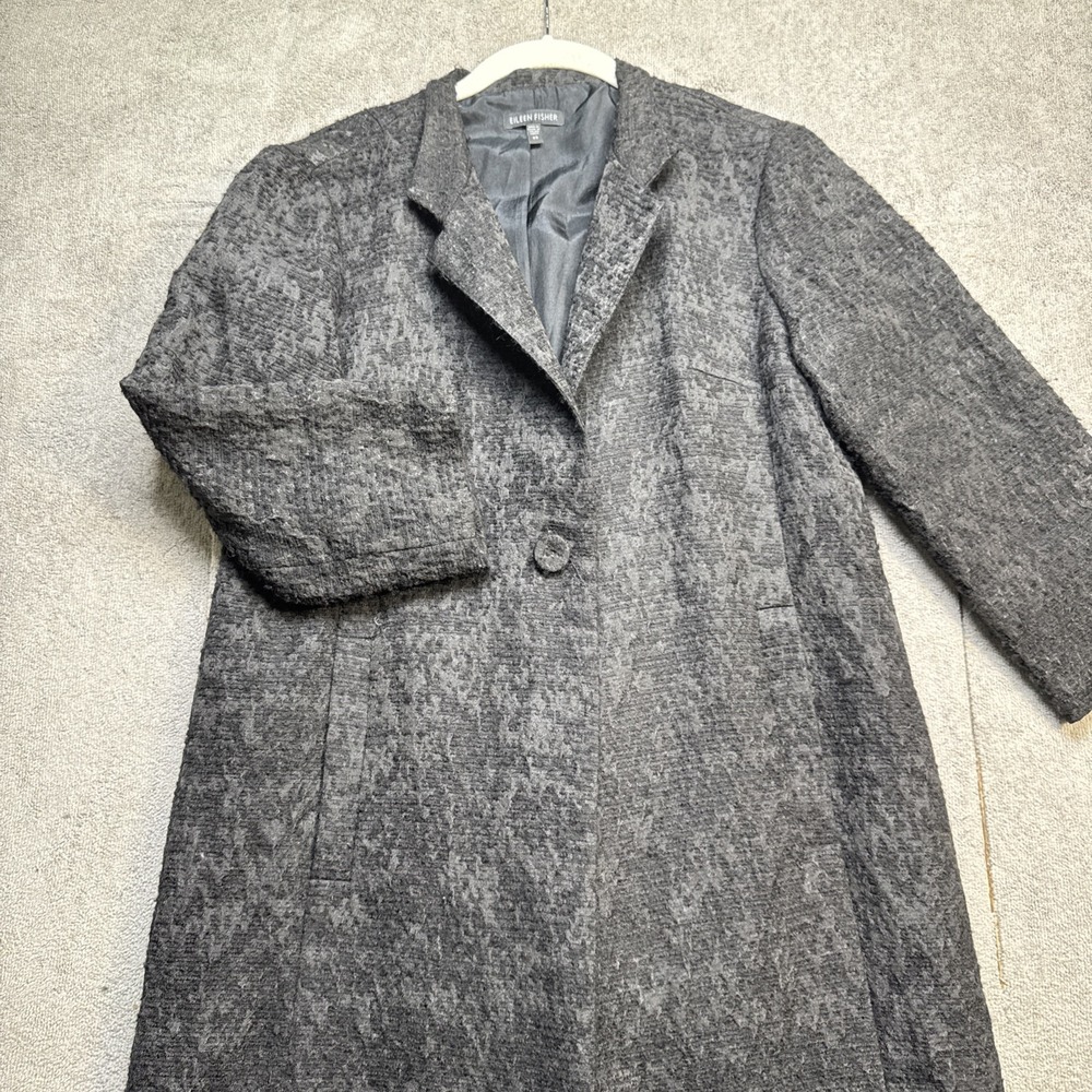 Eileen Fisher Textured Wool Blend Long Coat Black Minimalist Women's XS